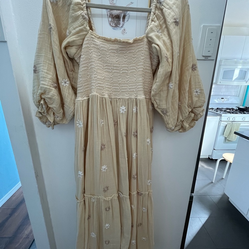Free People Boho Smocked Maxi Dress in Cream/Yellow with Puff Sleeves
